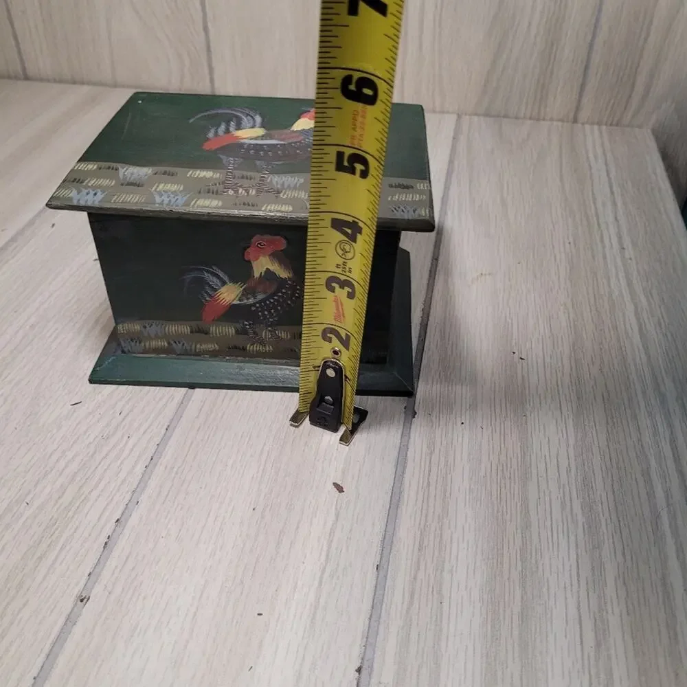 Vintage Han Painted Rooster Wood Recipe Box Bird Farmhouse Country Prairie
